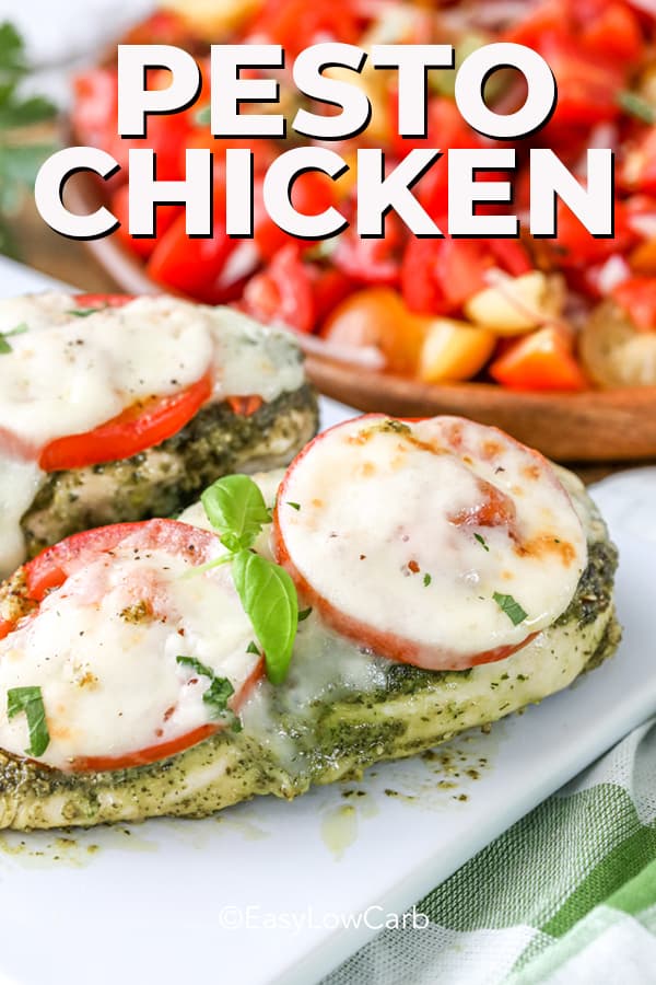closeup of Pesto Chicken with tomatoes and cheese