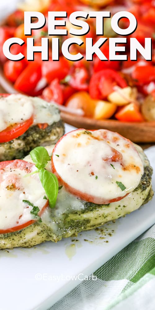 Pesto Chicken with tomatoes and cheese piece closeup