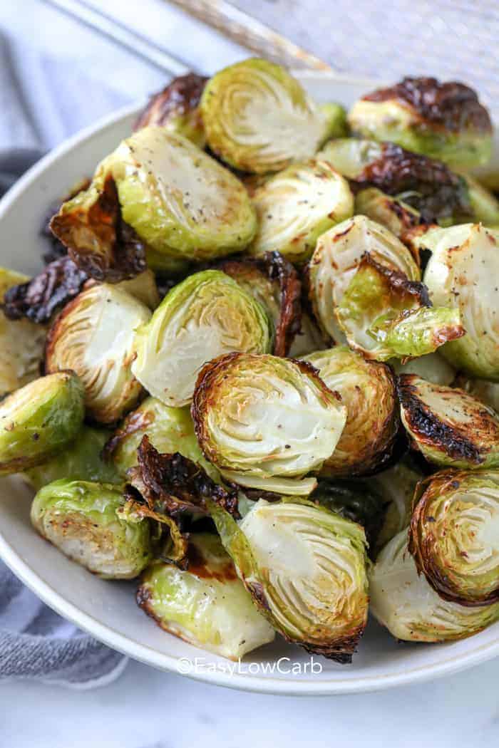 Air Fryer Brussel Sprouts in a white serving bowl