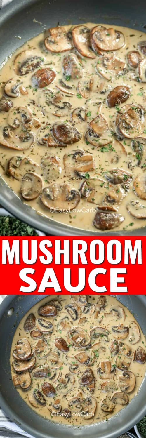 mushroom sauce in a pan, side and overhead views