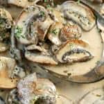 closeup of scooping mushroom sauce from the pan