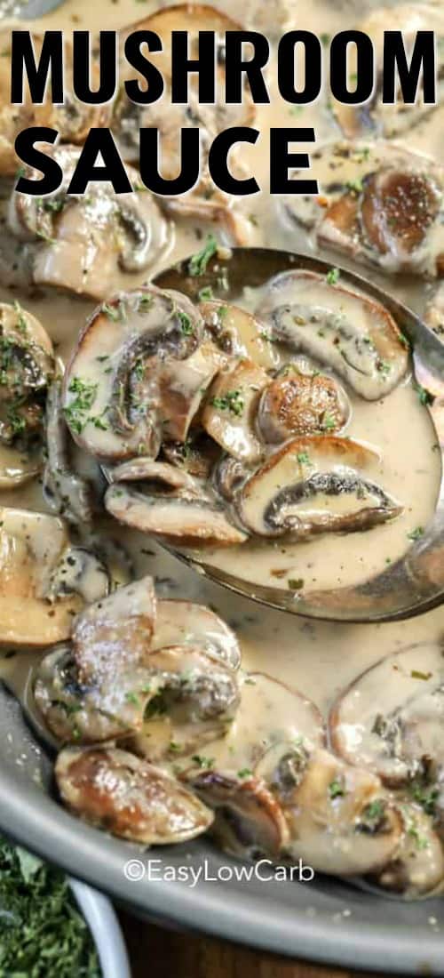 closeup of scooping mushroom sauce from the pan