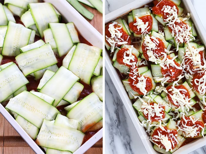 zucchini ravioli wrapped and in the baking tray, zucchini ravioli wrapped and in the baking tray with sauce and cheese ready for baking