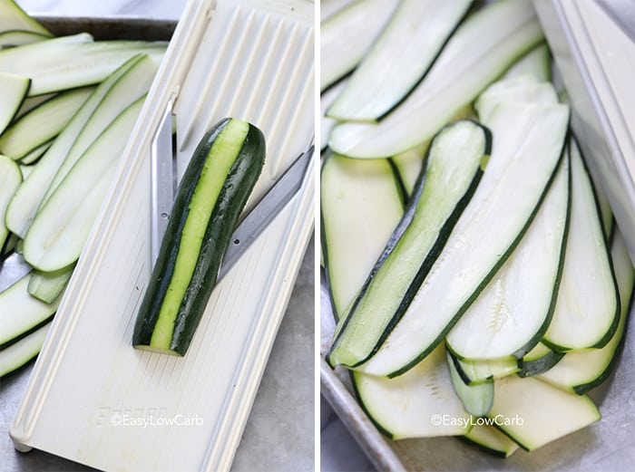 two images of making strips of zucchini with a mandolin