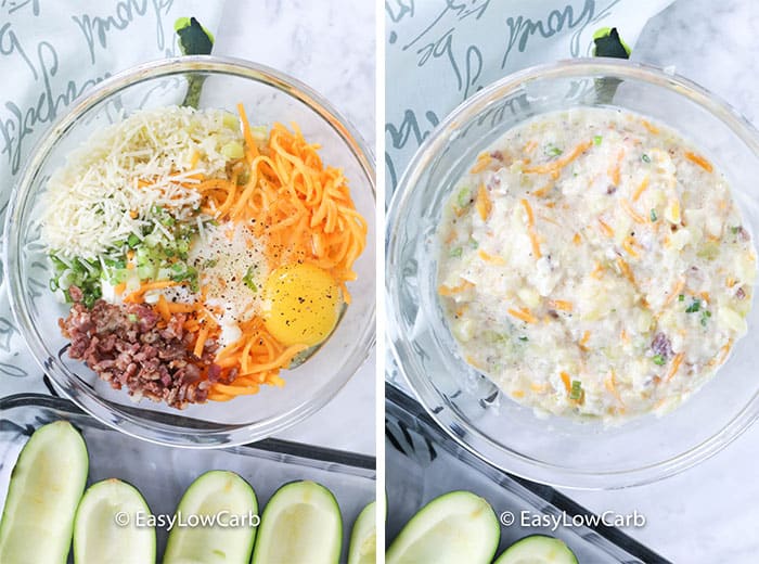 overhead of ingredients for Twice Baked Zucchini and the filling for Twice Baked Zucchini mixed together