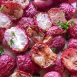 close up of roasted radishes with parsley