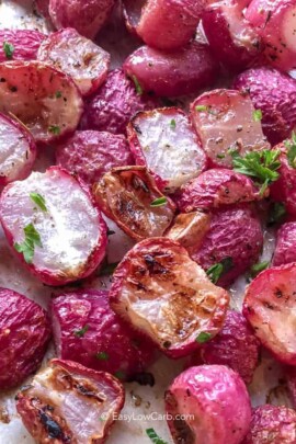 close up of roasted radishes with parsley