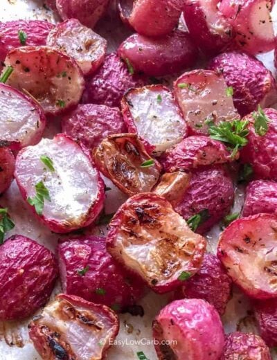 close up of roasted radishes with parsley