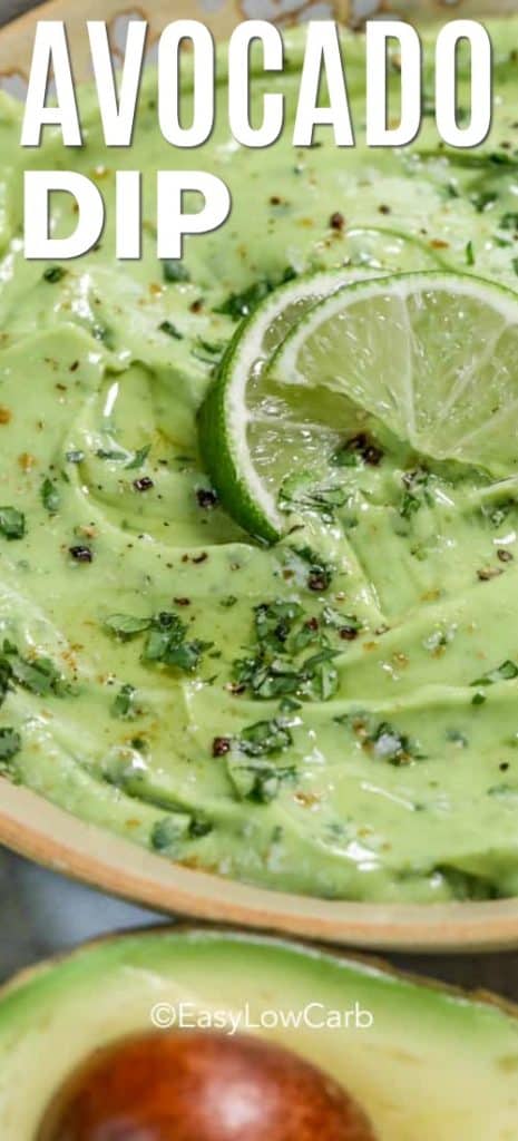 low carb avocado dip garnished with lime with text