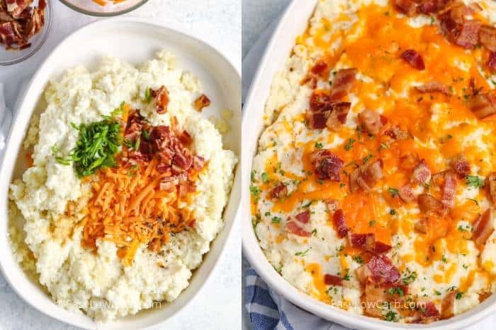 Cauliflower Casserole with bacon, cheddar and green onion on top and also when baked