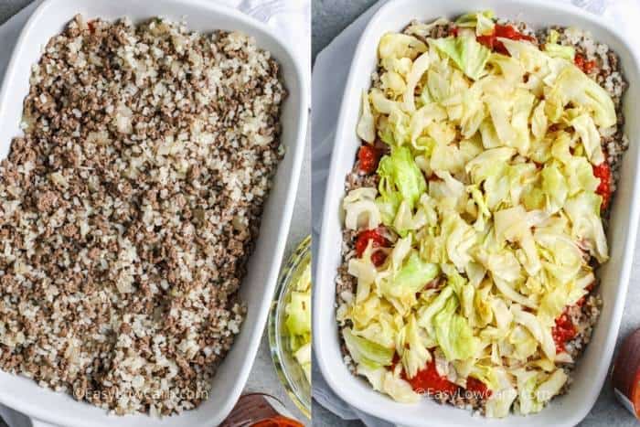 Two images showing the steps to layer an unstuffed cabbage casserole