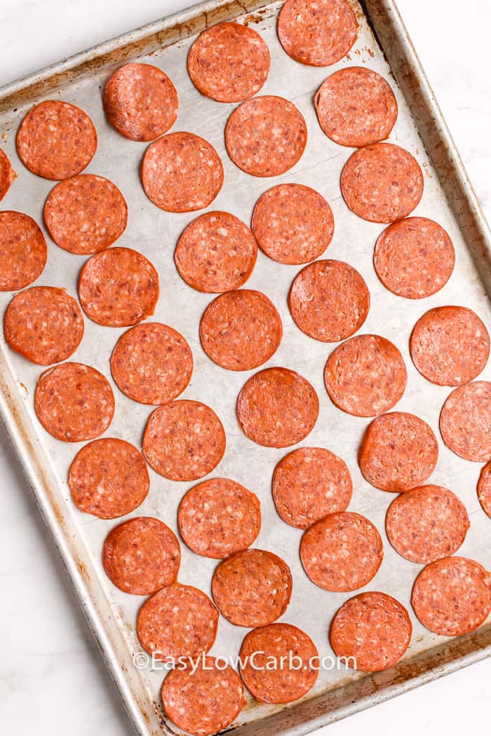 prepping Crispy Pepperoni Chips on a baking tray