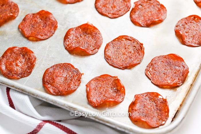 Crispy Pepperoni Chips on a baking tray