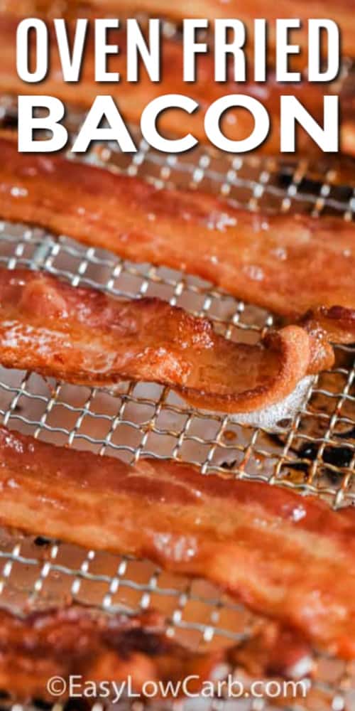 Oven fried bacon slices laid out on a rack with title