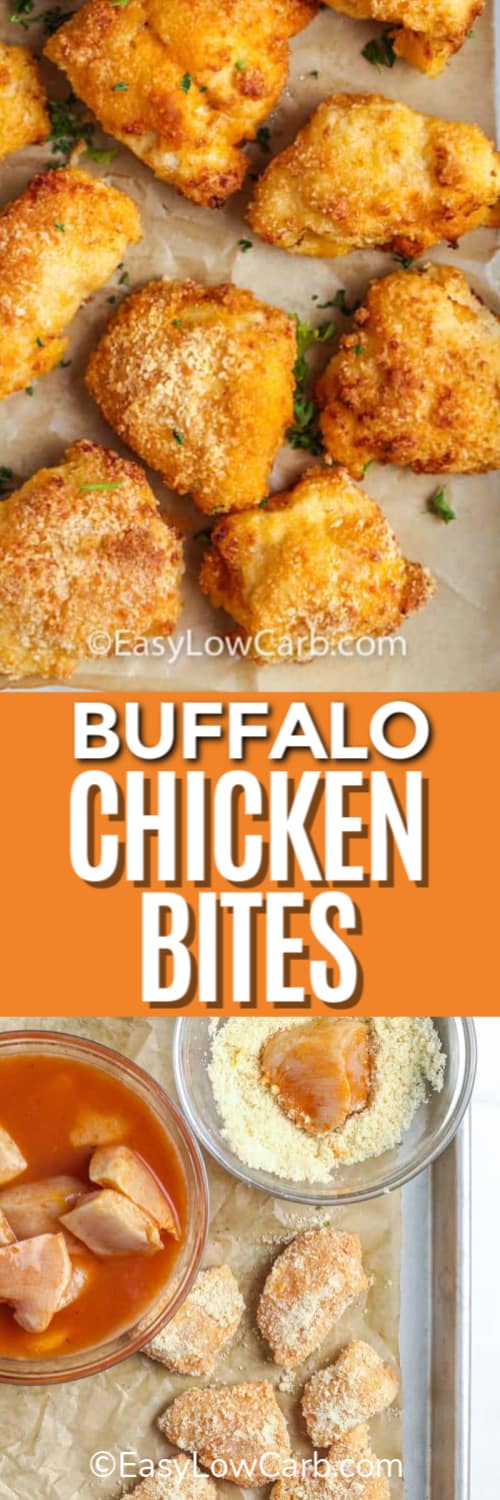 Baked Buffalo Chicken Bites laid out on a parchment lined sheet and dishes laid out with marinated bites and coating then laid on the sheet, underneath the title