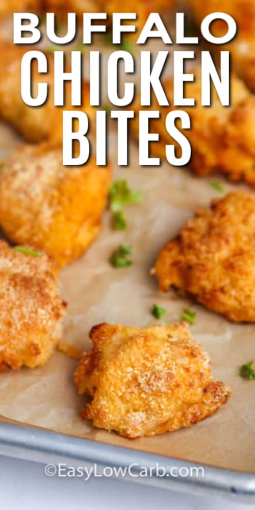 Rows of Buffalo Chicken Bites garnished with parsley with writing