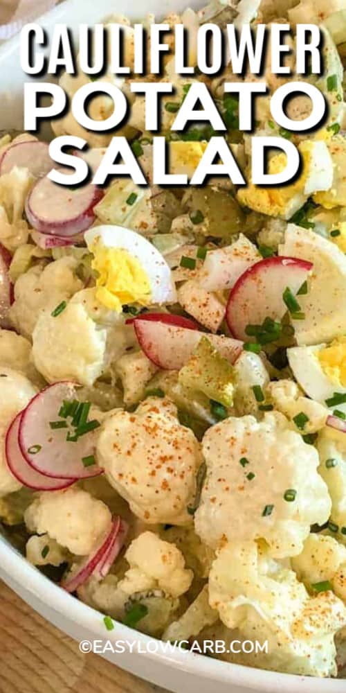 Cauliflower Potato Salad in a white bowl with a title.