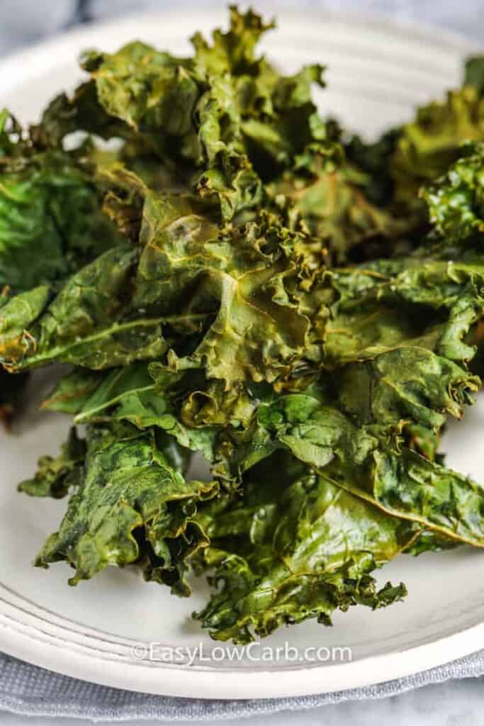 close up of Air Fryer Kale Chips on a white plate