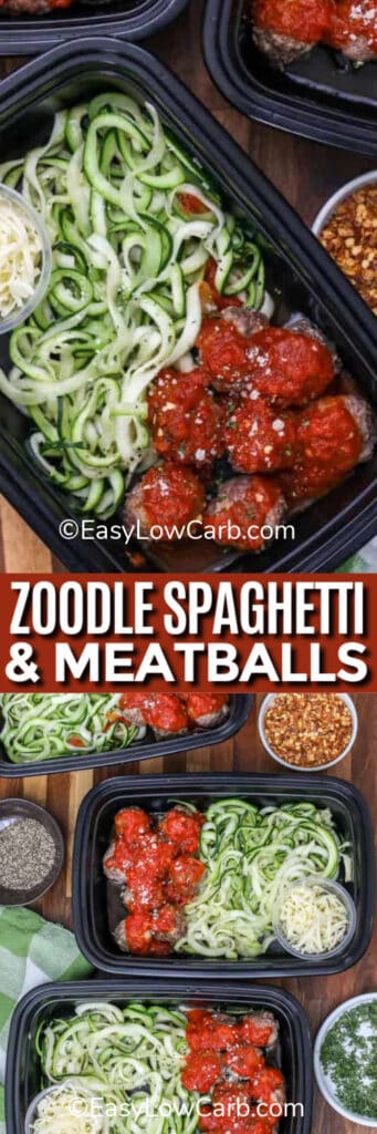 Zoodle Spaghetti and Meatballs in a black container, and Zoodle Spaghetti and Meatballs in containers under the title.