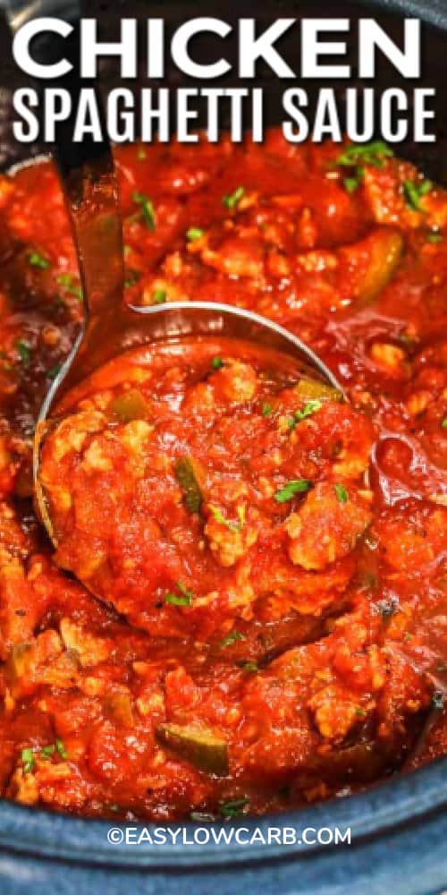 Ladling Slow Cooker Chicken Spaghetti Sauce, with writing.