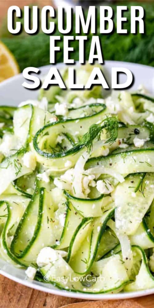 Cucumber Feta Salad in a white bowl with a title.