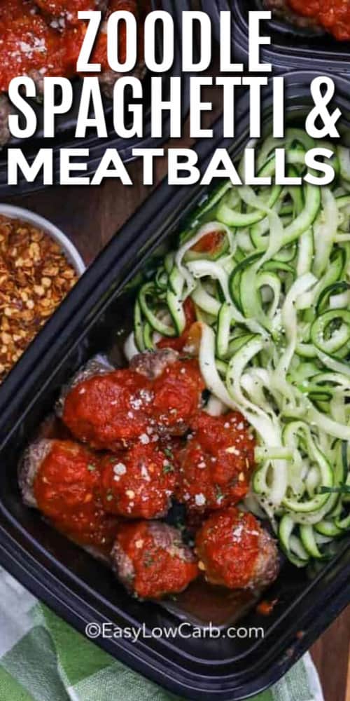 Zoodle Spaghetti and Meatballs in a black container with a title