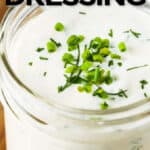 Low Carb Ranch Dressing in a clear glass jar with a title