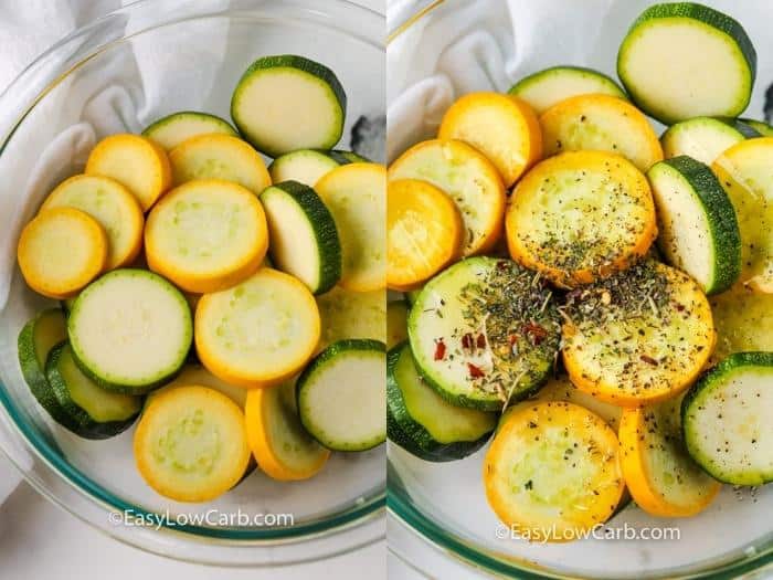 adding seasonings to Air Fryer Summer Squash