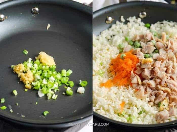 process of adding ingredients to pan to make Cauliflower Chicken Fried Rice