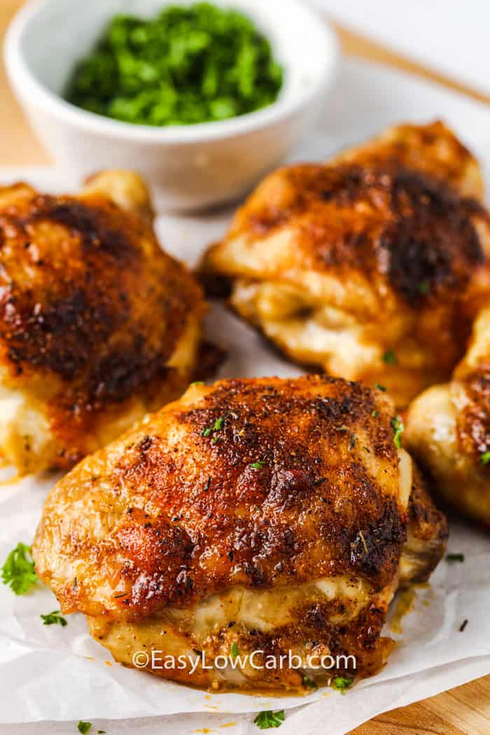 close up of Air Fryer Chicken Thighs on a butting board