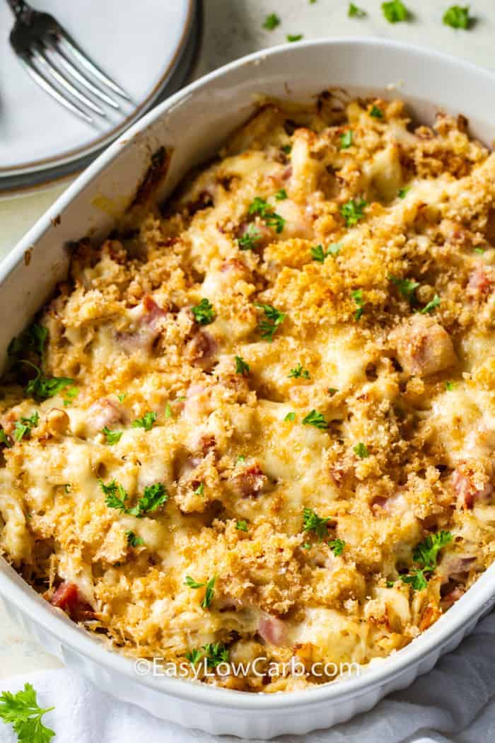 Low Carb Cordon Blue Casserole in a casserole dish after baking