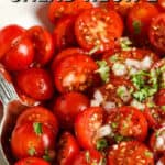 Cherry Tomato Salad in a white bowl with a title.