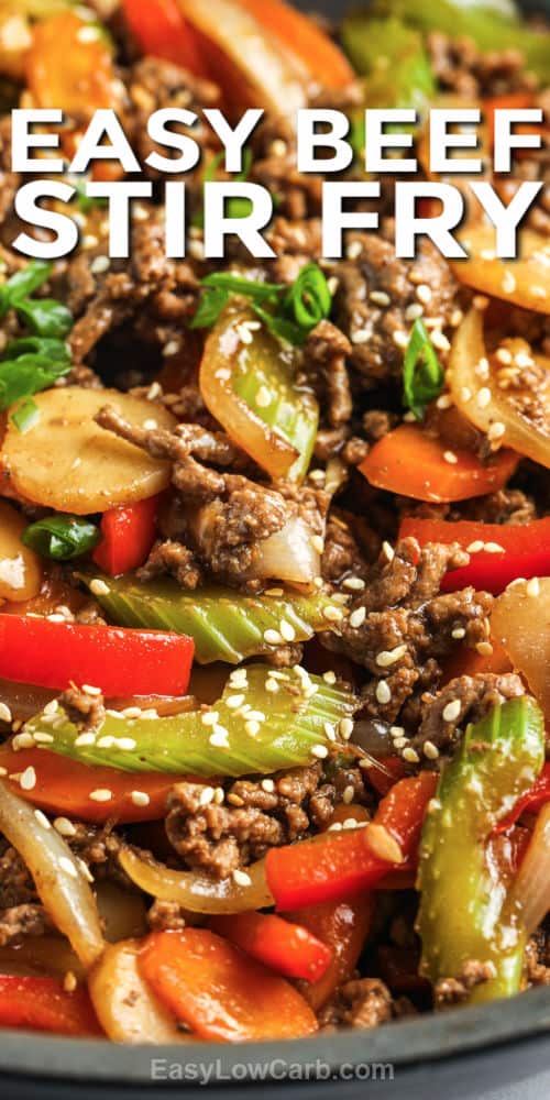 close up of Easy Beef Stir Fry with a title