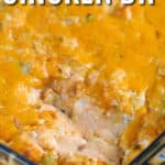 Keto Buffalo Chicken Dip in a clear glass baking dish with writing.