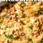 Low Carb Cordon Blue Casserole in a casserole dish with writing