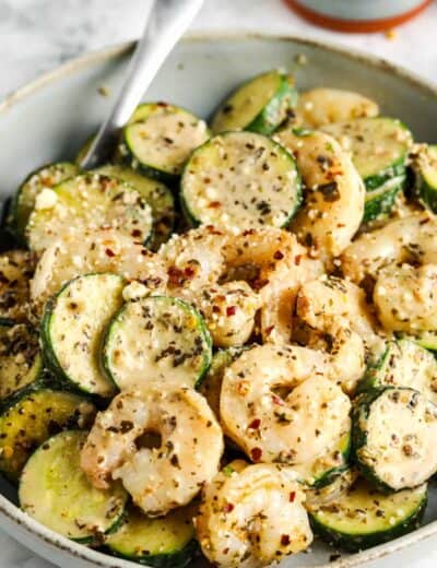 cooked Shrimp & Zucchini in a bowl with a spooon