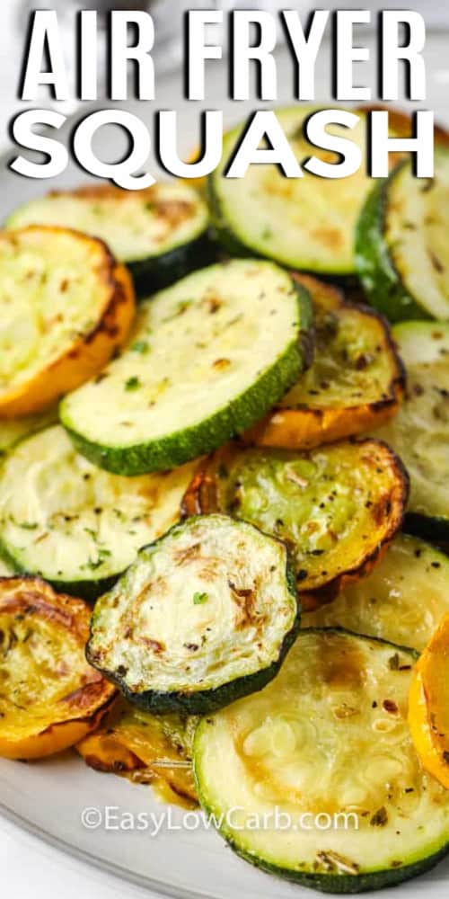 Air fryer squash on a white plate with writing.