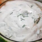 close up of Low Carb Dill Dip in a bowl with a title