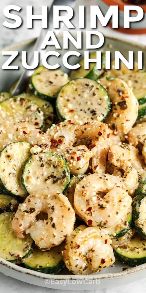 close up of Shrimp & Zucchini with writing