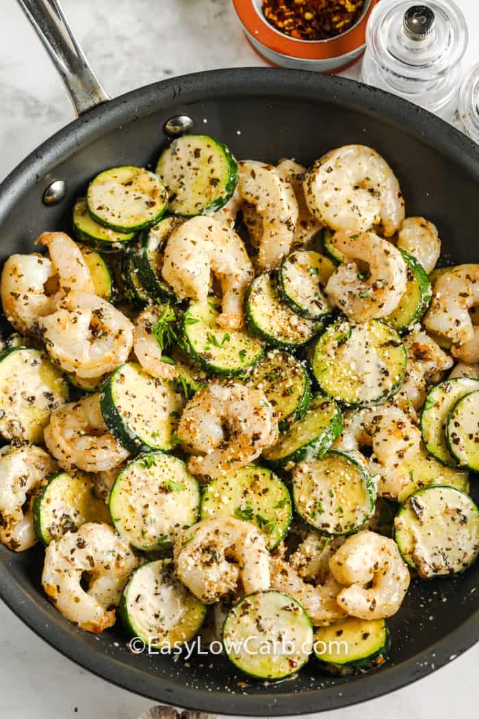 top view of cooking Shrimp & Zucchini in the pan