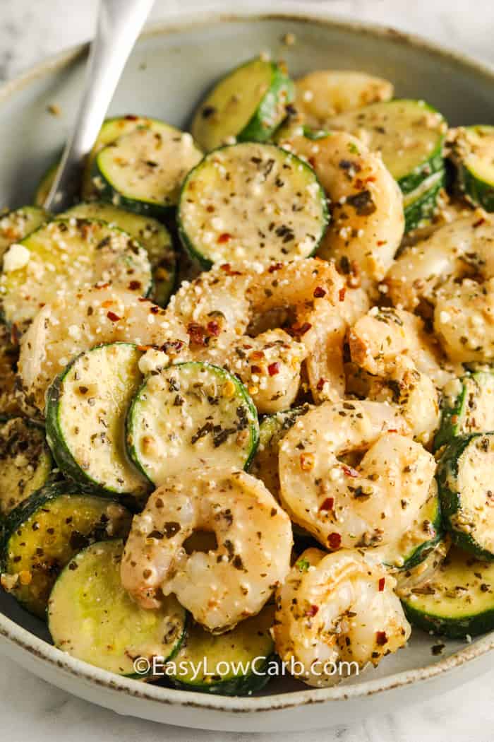 Shrimp & Zucchini in a white bowl