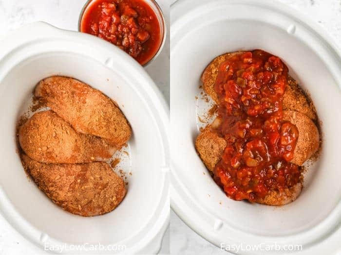 process of adding salsa to chicken to make Slow Cooker Salsa Chicken