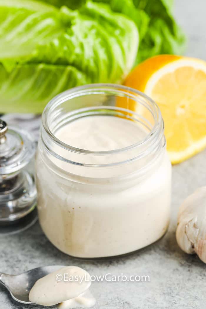 Easy Caesar Salad Dressing with spoon beside it