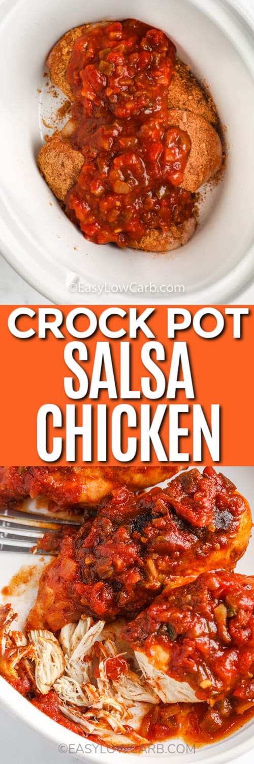 Crock Pot Salsa Chicken in a white slow cooker, and shredding chicken under the title