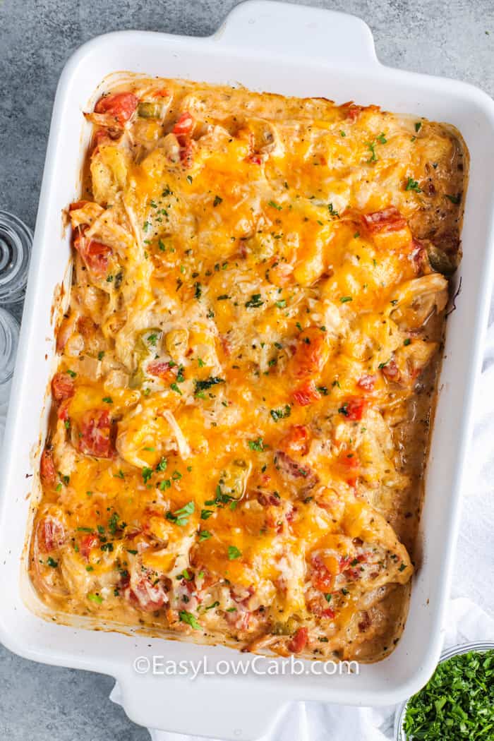 Low Carb Chicken Spaghetti (Squash) cooked in a casserole dish