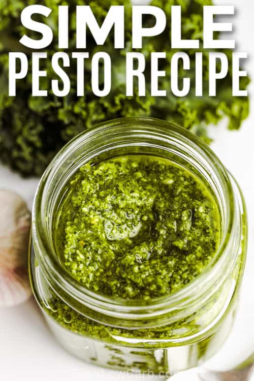 A clear jar of with Kale Pesto in it, with a title