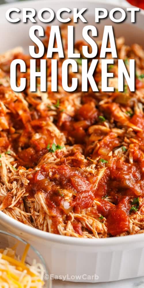 CrockPot shredded chicken salsa in a white dish, with writing