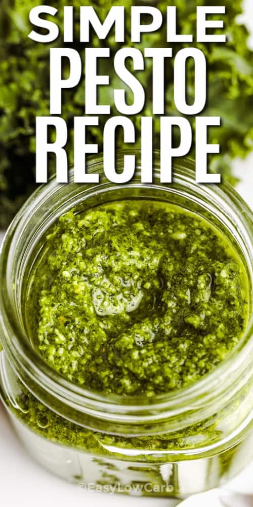 Kale Pesto in a clear jar with writing