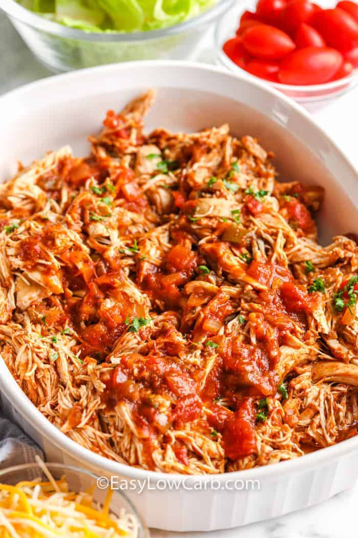 Slow Cooker Salsa Chicken in a pot with ingredients around it