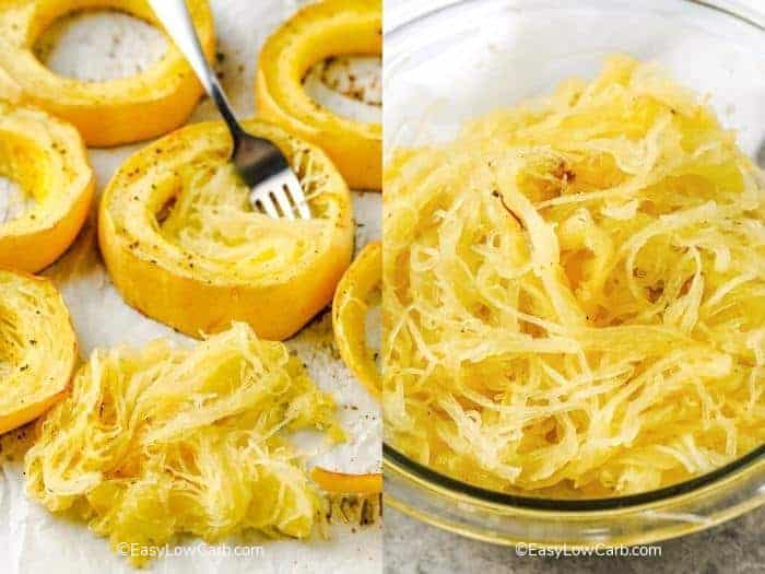 Spaghetti squash being scooped out of rings, and squash in a clear bowl.